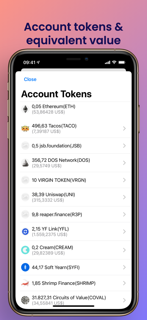 Ethereum Wallet Tracker - A mobile interface of the Ethereum Wallet Tracker app showing a list of crypto tokens with their quantities and equivalent US dollar values.