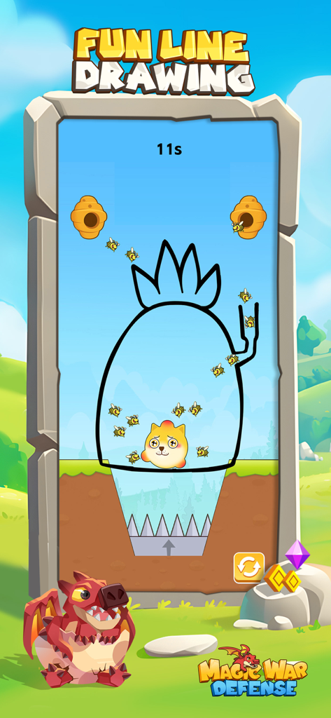 Magic War: Defense - Magic War Defenseのパズルレベル。犬キャラクターを攻撃する蜂から守るために線が描かれている様子