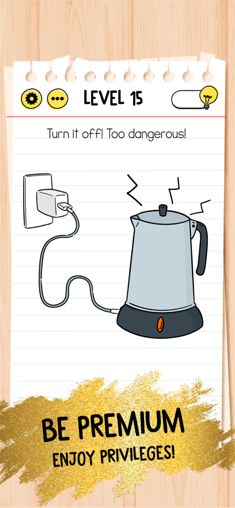 Énigme difficile du niveau 15 de Brain Test Premium montrant une bouilloire électrique branchée à une prise murale