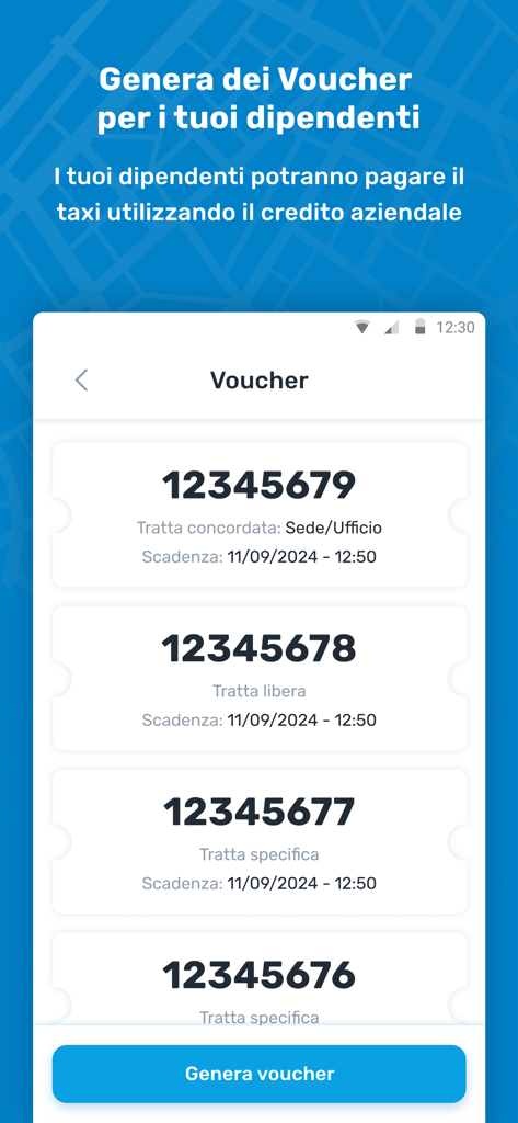 itTaxi - Tela do aplicativo itTaxi para gerar vouchers de táxi corporativos para funcionários que viajam na Itália