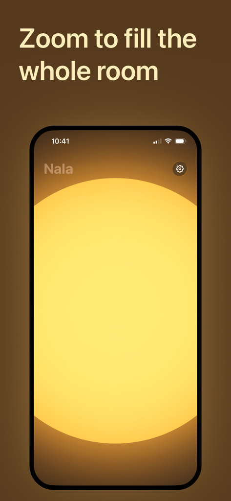 Baby Night Light - Nala - Interfaz de la aplicación Nala que muestra una luz nocturna cálida y amarilla con texto de zoom para llenar la habitación
