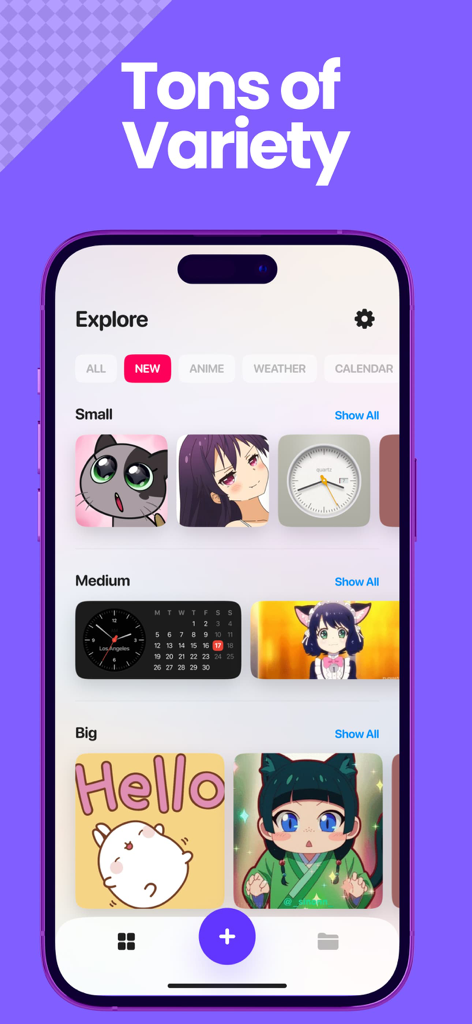 The explore screen of the TapeKit app showing various sizes of widgets including anime themes clocks and calendars
