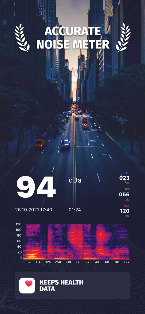 Sound Decibel Meter-NIOSH,OSHA - Sound decibel meter app interface showing a 94 dBa noise level in a city environment with health data synchronization