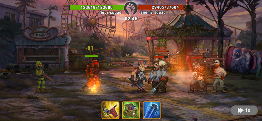 A survivor squad battling zombies in a post-apocalyptic amusement park setting.