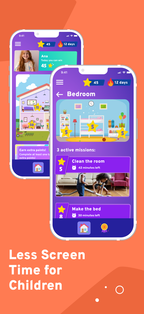 MyTurn: Kids Chore & Reward - Mobile app screens showing gamified chore missions like cleaning the room and making the bed for children to earn points