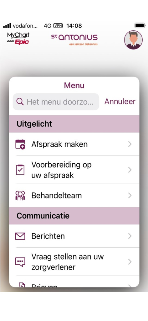 Mijn Antonius - Menu screen of the Mijn Antonius app showing options for appointments and communication with healthcare providers