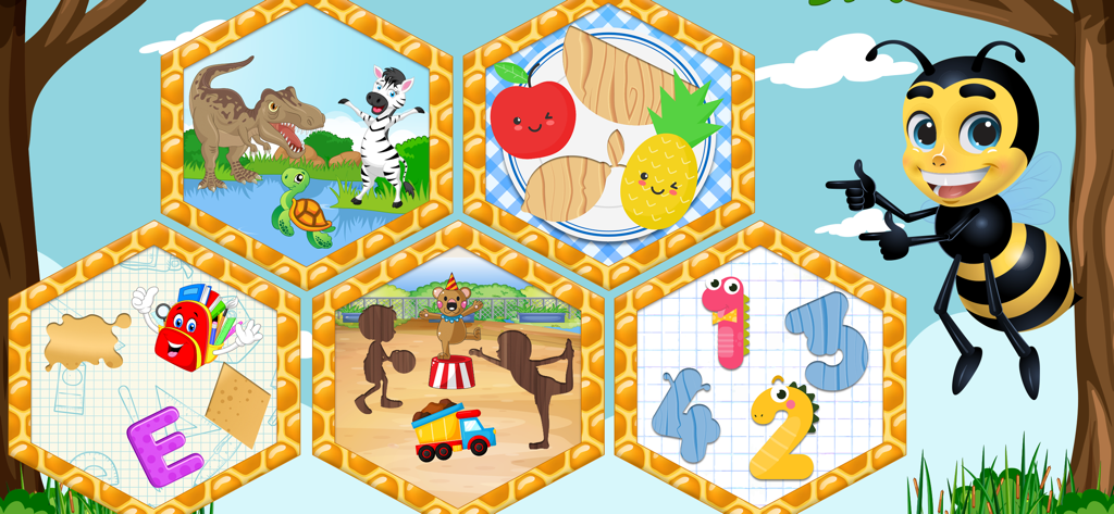 Fun Baby Puzzle Kindergarten - Main menu of the Fun Baby Puzzle Kindergarten app showing various educational categories like animals and numbers with a friendly bee character.
