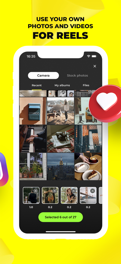 Mobile App Benutzeroberfläche zeigt die Auswahl persönlicher Fotos und Videos aus der Telefonbibliothek zur Erstellung von Social-Media-Reels.