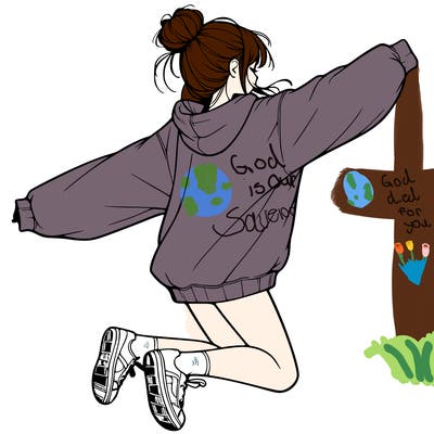 realistic girl jumping with a bun and oversized sweatshirt