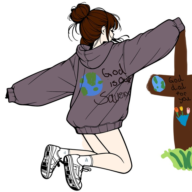 realistic girl jumping with a bun and oversized sweatshirt