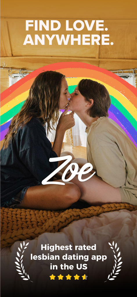 Zwei Frauen küssen sich unter einem Regenbogenbogen für die Zoe Lesben-Dating-App-Werbung