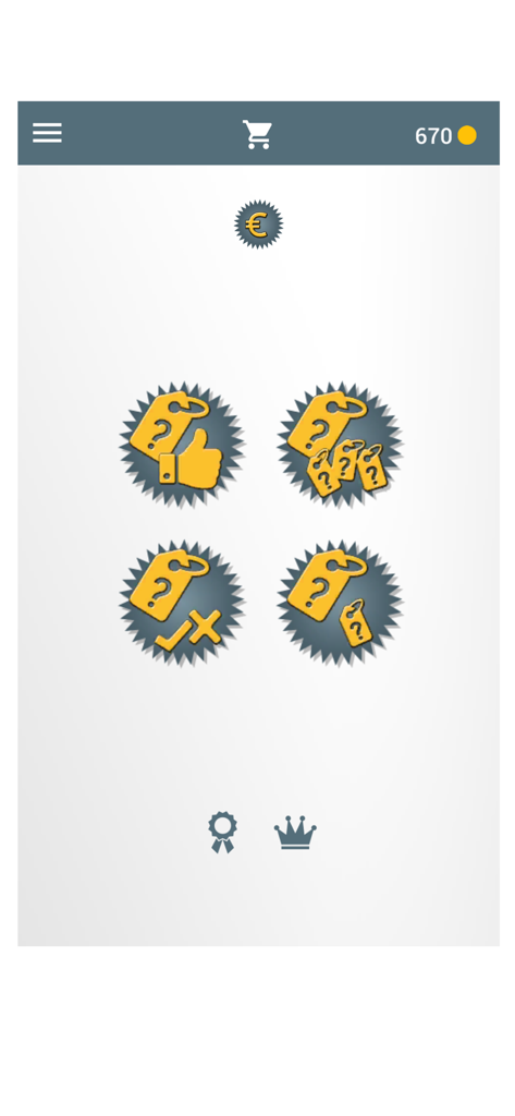 The Correct Price - Menu principal du jeu mobile Le Juste Prix affichant quatre modes de jeu de quiz différents.