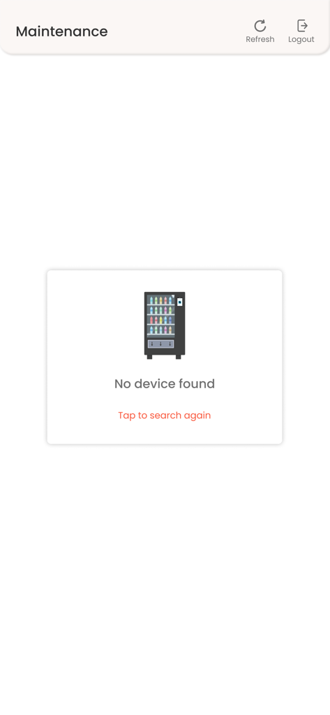 Pantalla de mantenimiento de la aplicación de técnico de máquinas expendedoras que muestra el mensaje "dispositivo no encontrado"