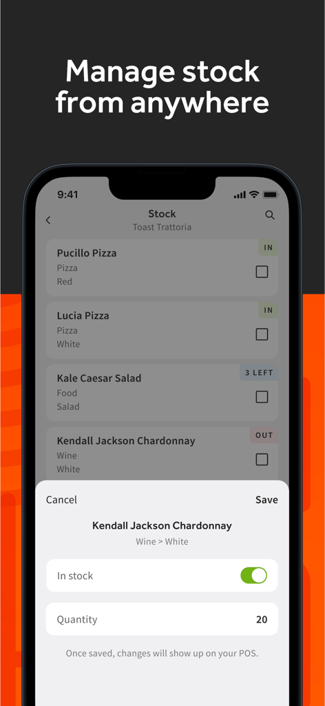 Toast Now - Mobile screen showing the Toast Now inventory management feature with stock level toggles for menu items