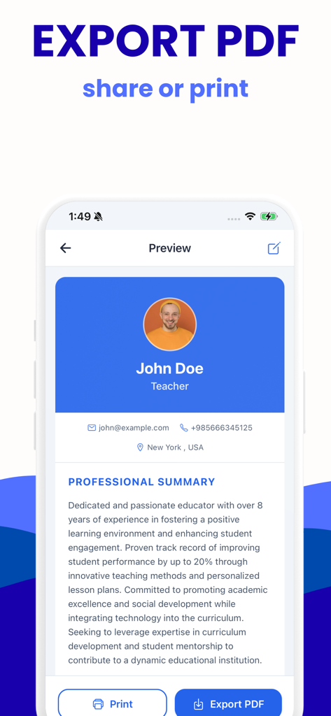 CV Builder: AI Resume Maker - A mobile interface showing a professional resume preview for a teacher with options to print or export as a PDF.