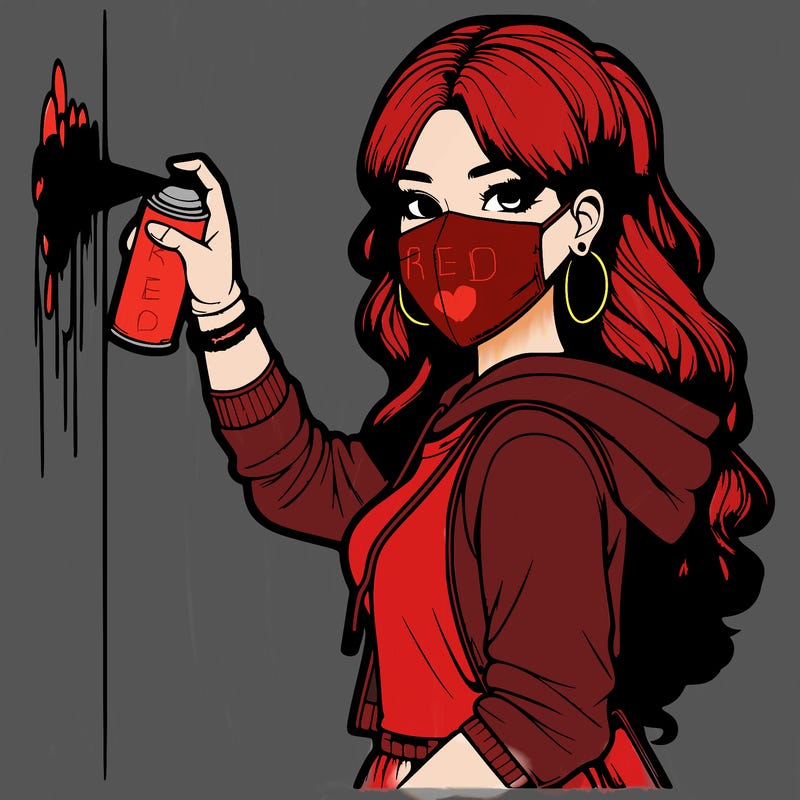 realistic girl with mask spray painting a wall