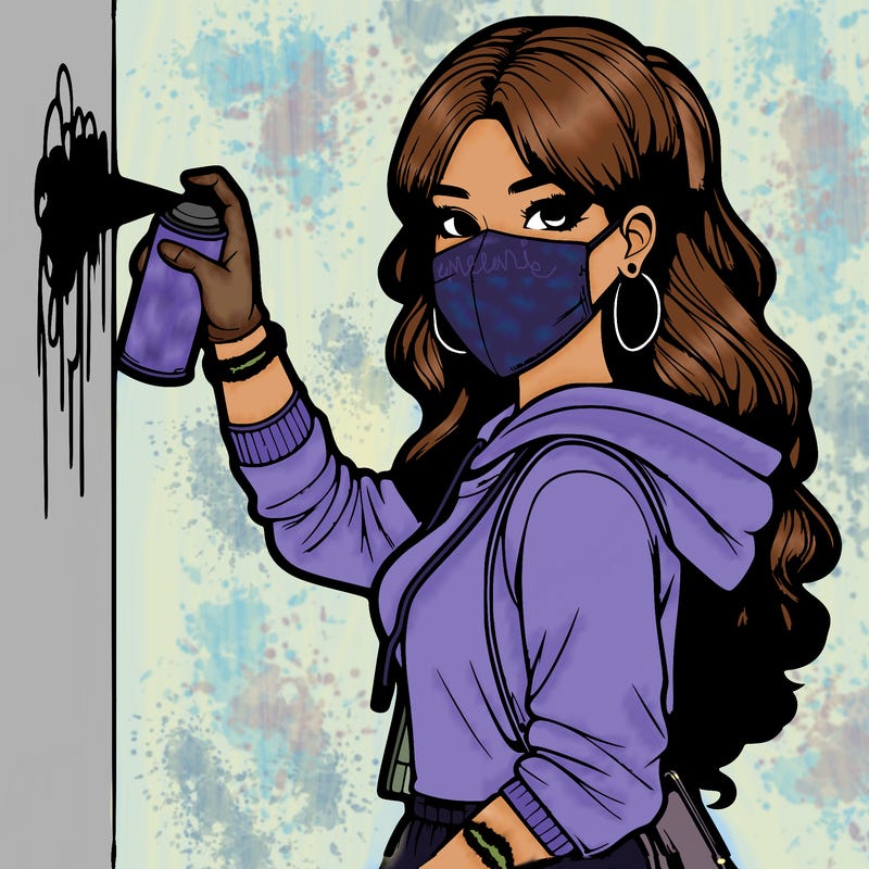 realistic girl with mask spray painting a wall