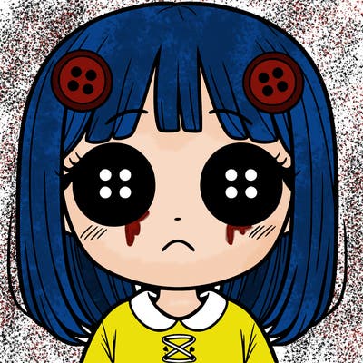 girl with button eyes and not smiling