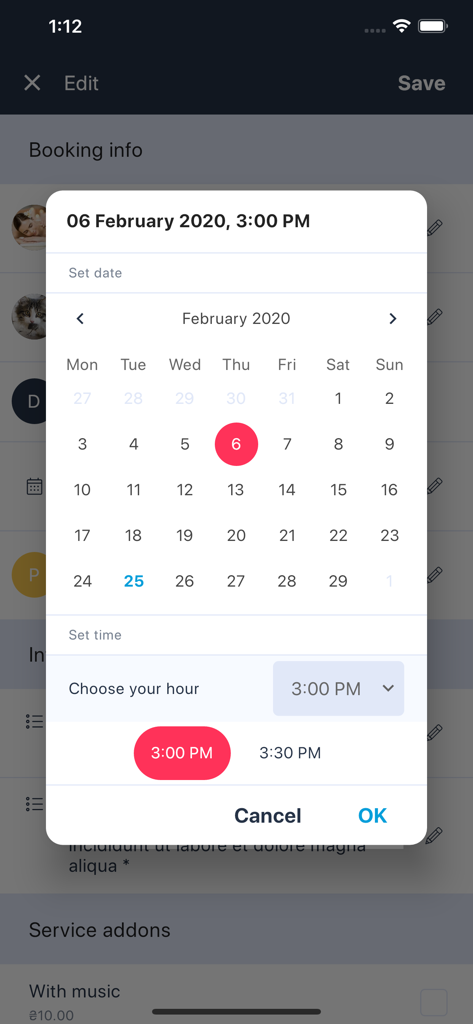 SimplyBook.me admin - Interfaccia di selezione di calendario e ora per la gestione degli appuntamenti di servizio