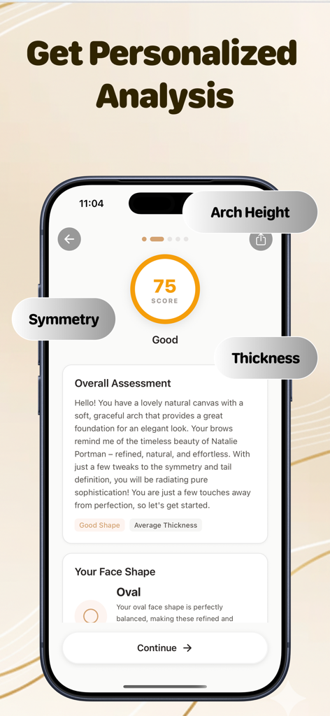 Brow Stylist - Perfect Brows - Smartphone screen showing AI eyebrow analysis with scores for symmetry and thickness