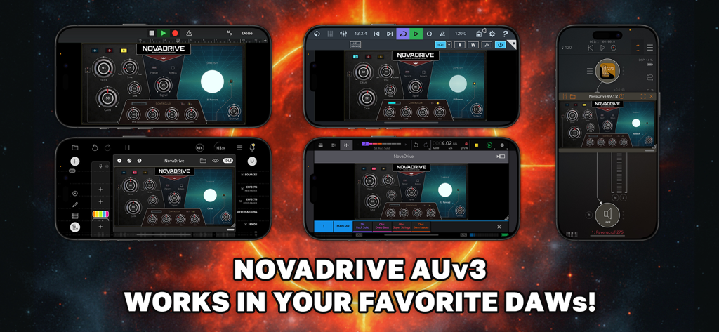 NovaDrive - Spatial Distortion - NovaDrive AUv3 distortion plugin running in various mobile DAWs on iPhone