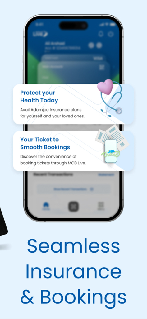 MCB Live - MCB Liveアプリのインターフェースに、保険とチケット予約のオプションが表示されている様子