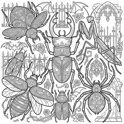 Delve into a world of mysterious beauty with this intricate coloring page, showcasing a collection of insect and arachnid exoskeletons adorned with delicate Gothic patterns. Perfect for colorists who appreciate dark elegance and detailed designs.