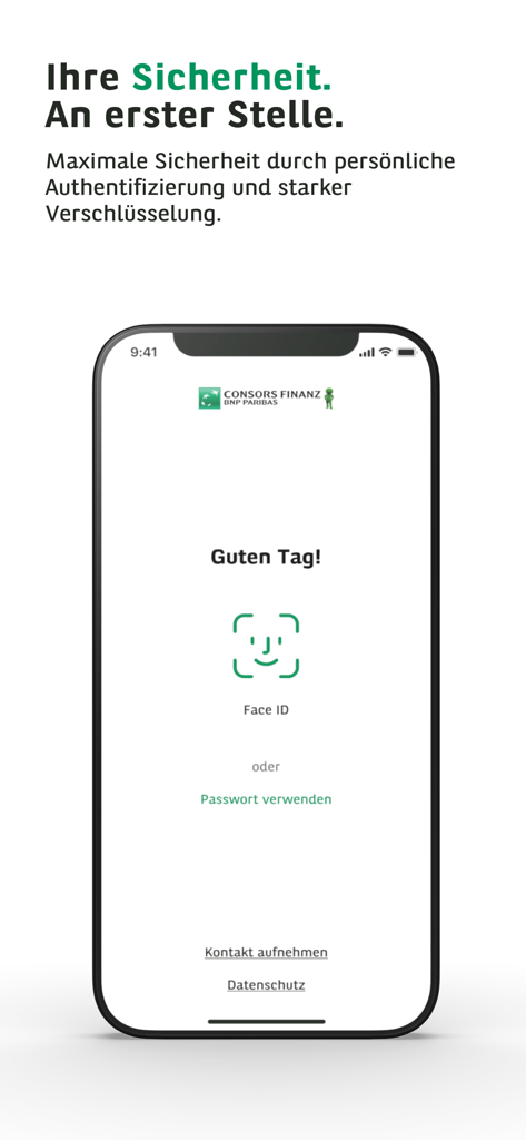 Consors Finanz Mobile Banking - Login-Bildschirm der Consors Finanz Mobile Banking App mit biometrischer Face ID Authentifizierung und Sicherheitsmeldung