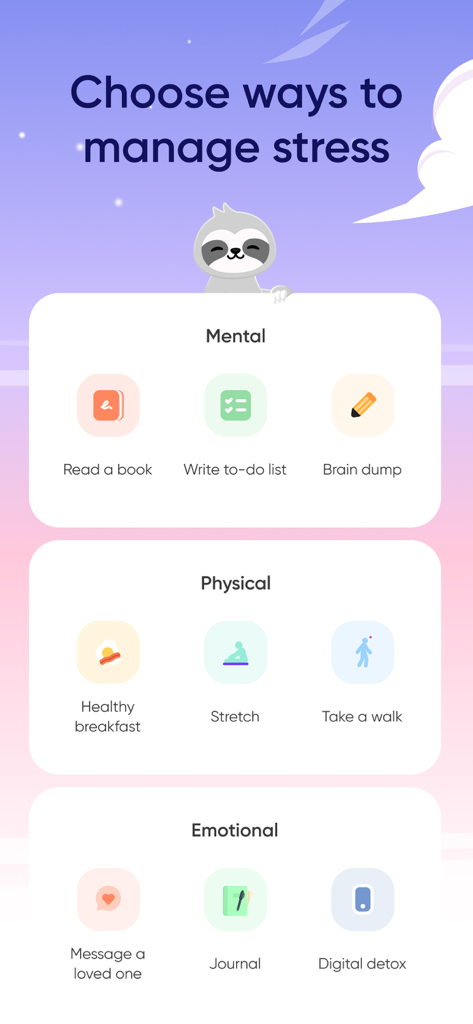 Hapday app interface showing mental physical and emotional activities to manage stress