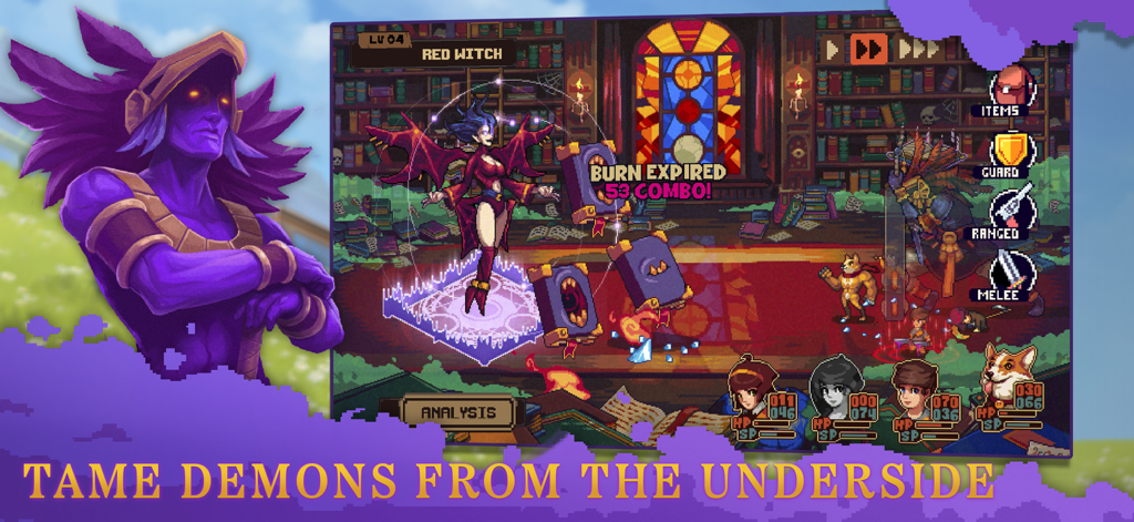 Pixel art turn-based tactical combat against a demon in Bloomtown A Different Story.