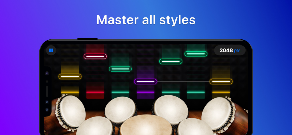 Drums: Learn & Play Beat Games - Una interfaz de juego móvil que muestra un juego de djembé virtual con notas de ritmo de neón que se desplazan y un rastreador de puntuación.