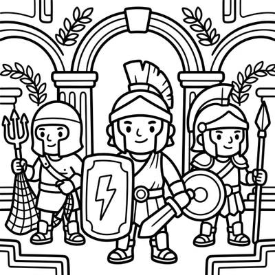 Dive into ancient history with this delightful coloring page featuring three friendly Roman gladiators, specially designed for toddlers. Its thick lines and simple shapes make it perfect for little hands to explore and color.