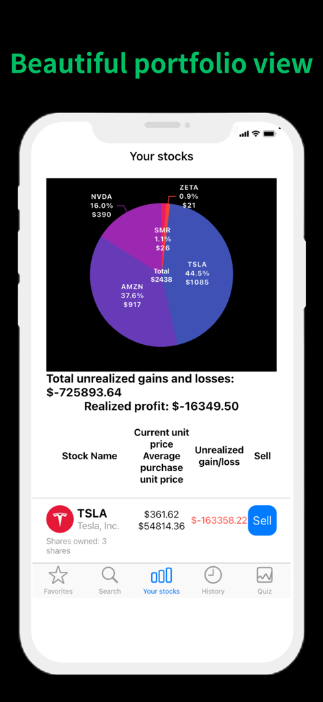 TradePlay - Demo Trading - Écran de portefeuille de l'application de trading démo TradePlay avec un graphique circulaire de répartition des actions