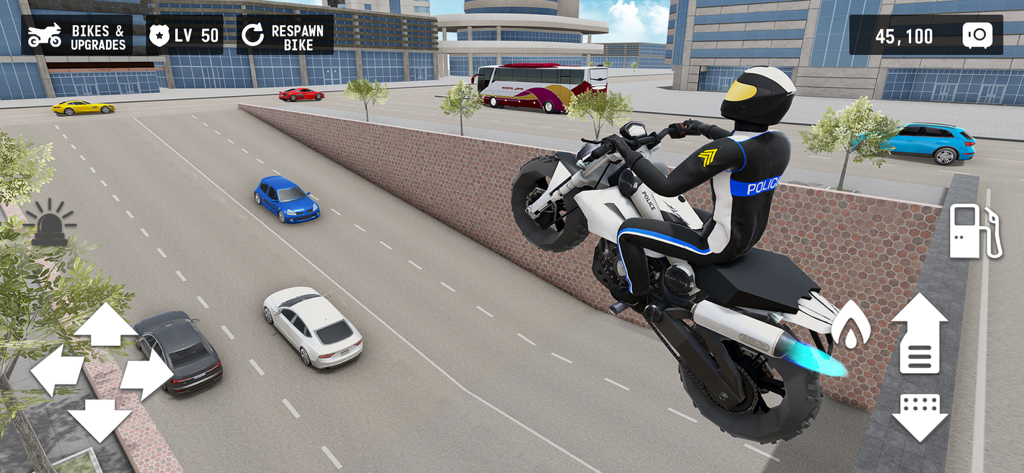 Police Bike City Simulator - Police officer performing a stunt jump with nitro on a motorbike in the city