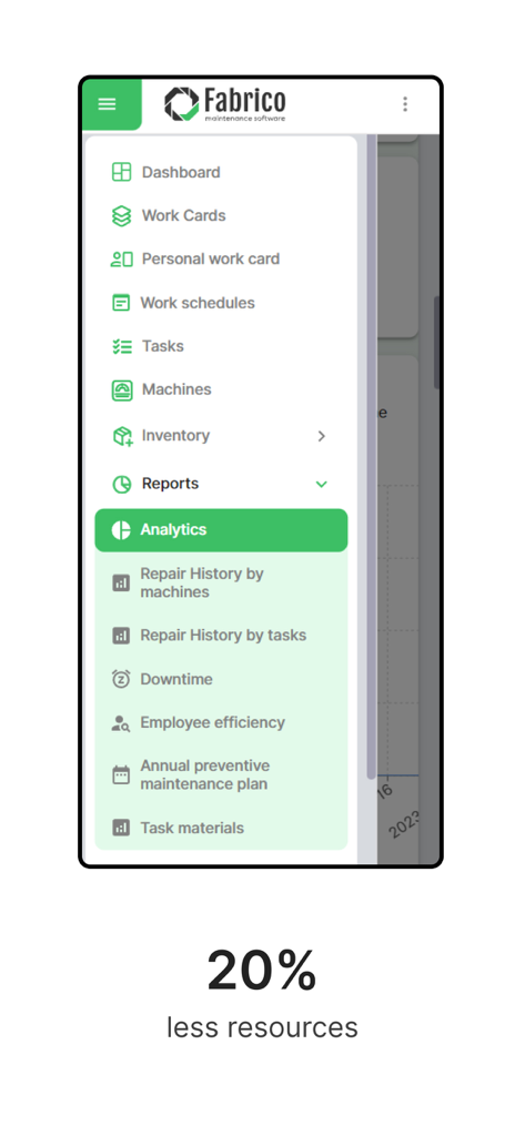 Fabrico - Fabrico app navigation menu highlighting analytics for machine repair history and downtime tracking