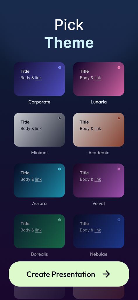GMM AI App: AI Slides & PPT - A screen showing different colorful presentation themes to choose from in the GMM AI app including Corporate Academic and Minimal styles.