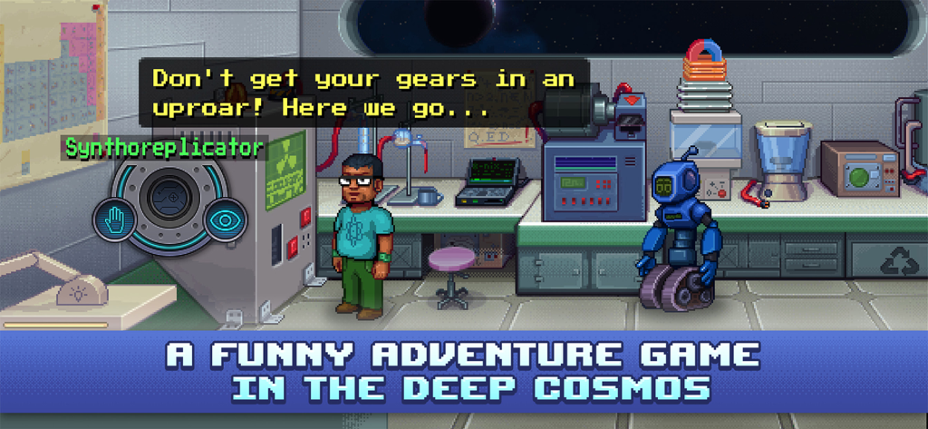 Odysseus Kosmos - Episode 1 - A retro pixel art scene from Odysseus Kosmos featuring the main character and his robot in a space lab.