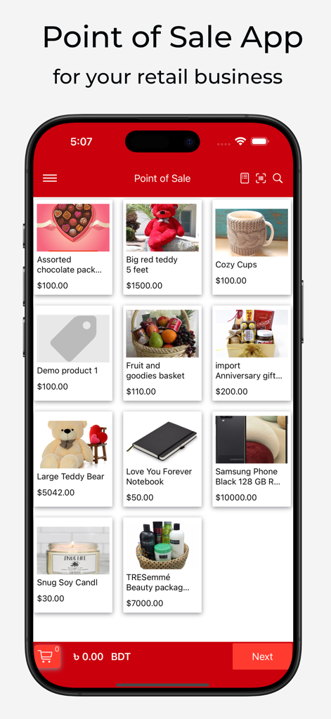 Nexchar POS - Nexchar POS app displaying a retail product catalog on a mobile phone with prices and images.