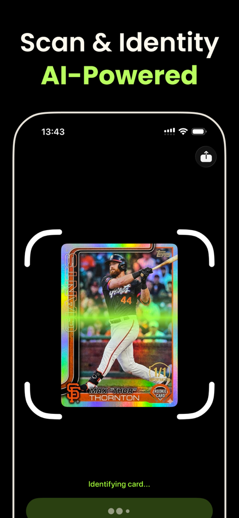 AI-powered sports card scanner identifying a baseball card in the CardLens app.