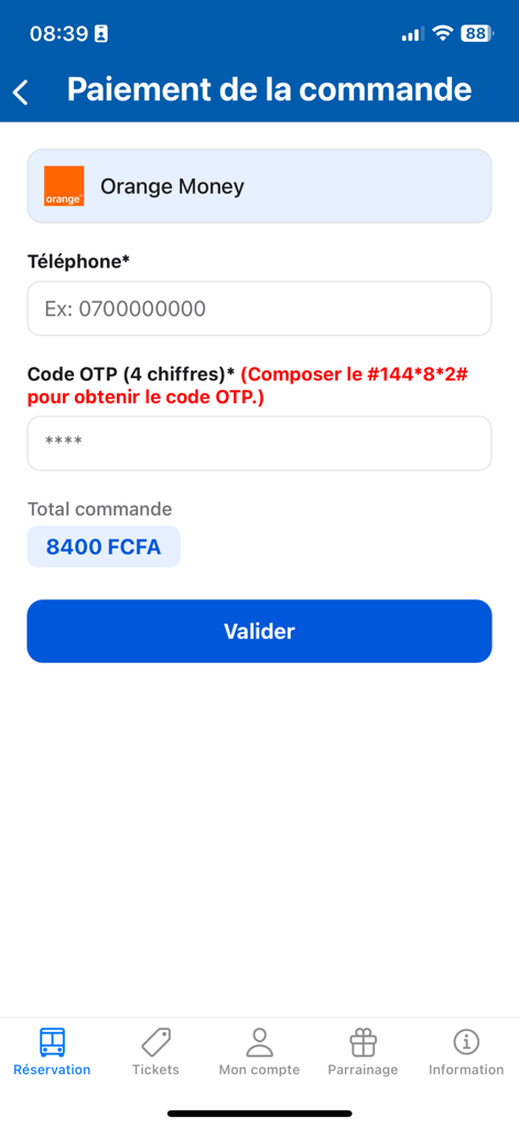 Transap - Tela de checkout seguro do aplicativo Transap usando pagamento móvel Orange Money para passagens de ônibus