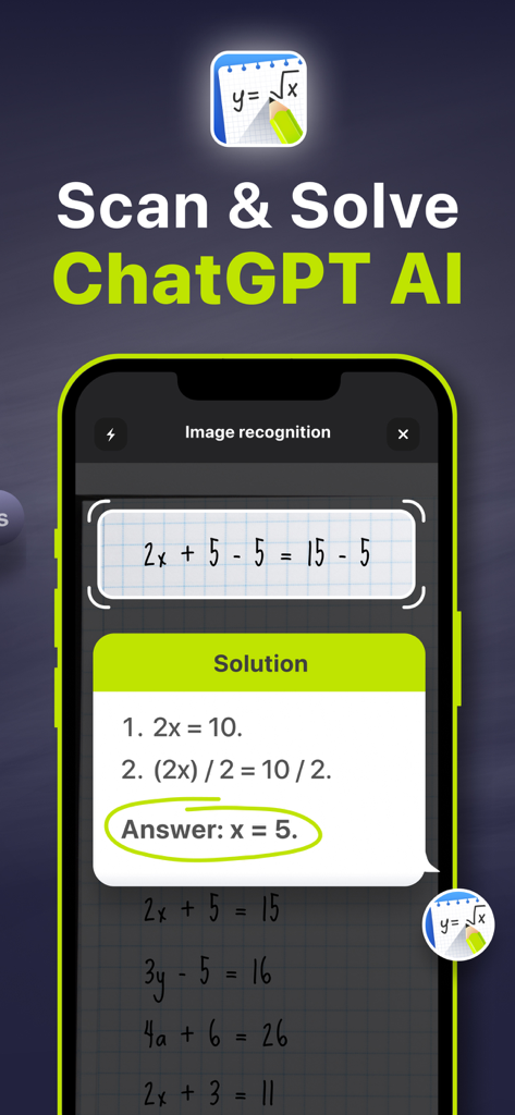 Smart Solver – AI Homework Aid - Smart Solver app scanning a math equation and providing a step-by-step solution using AI.