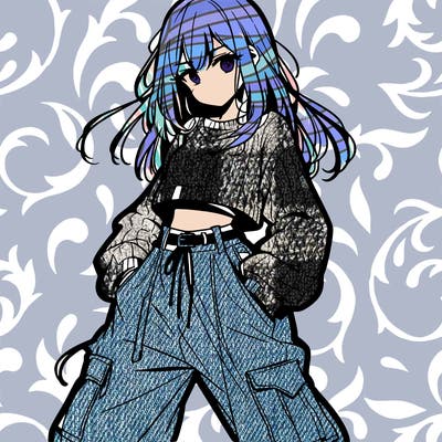 anime teen girl with baggy pants and crop top with sweater