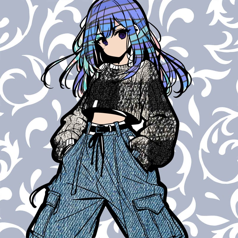 anime teen girl with baggy pants and crop top with sweater