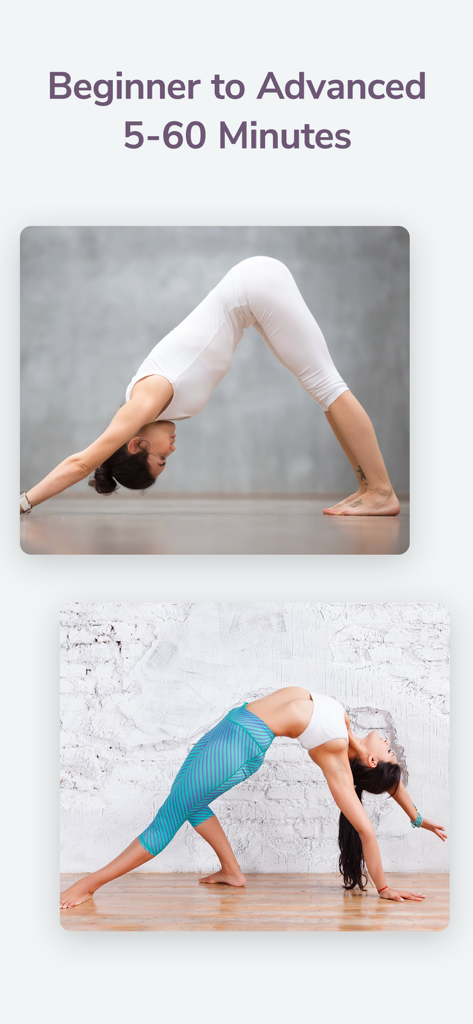 Yoga Time: For Beginners & All - Yoga Time app interface showing two women performing yoga poses with text indicating classes from beginner to advanced ranging from 5 to 60 minutes