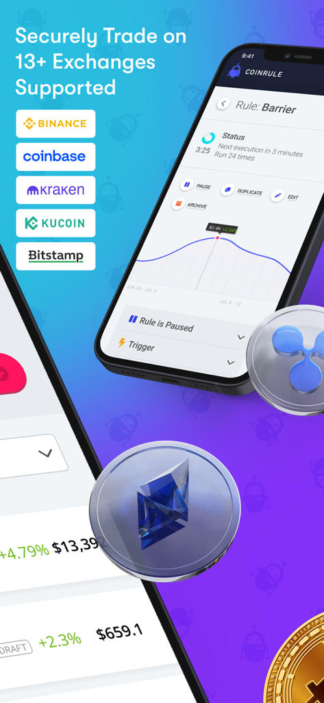 Coinrule Crypto Trading Bot - Pantalla de la aplicación móvil mostrando la interfaz del bot de trading Coinrule y los exchanges compatibles como Binance y Coinbase