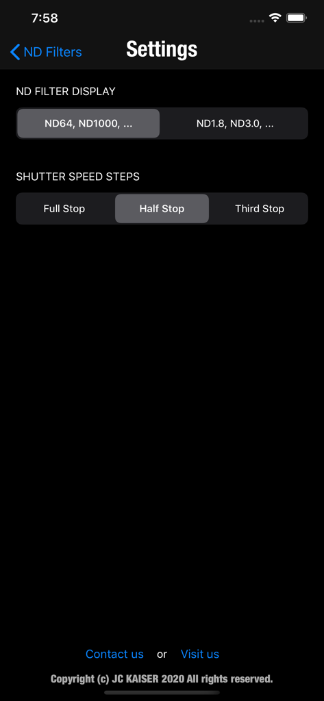 ND Filters - Settings screen of the ND Filters app showing options for filter display and shutter speed steps