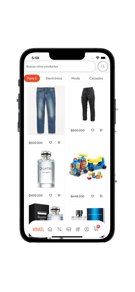 Interface do aplicativo móvel da Winkel mostrando categorias de produtos em espanhol e um feed com roupas, perfumes e brinquedos.