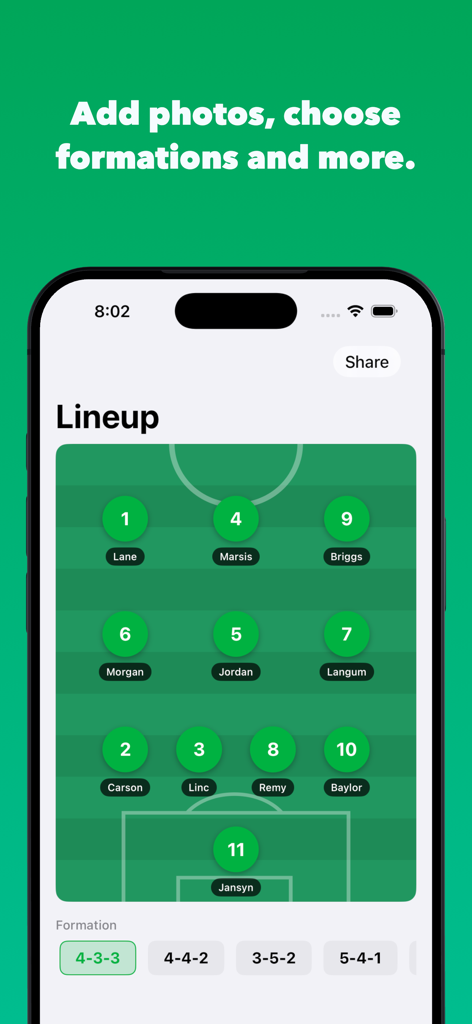 Soccer Lineup Builder Elite - Soccer lineup builder app interface showing a 4-3-3 formation with player positions and names on a green pitch