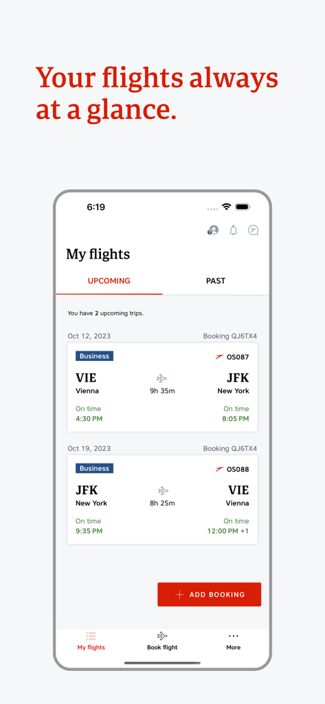 Austrian Airlines mobile app interface showing upcoming business class flights between Vienna and New York with real-time status updates.
