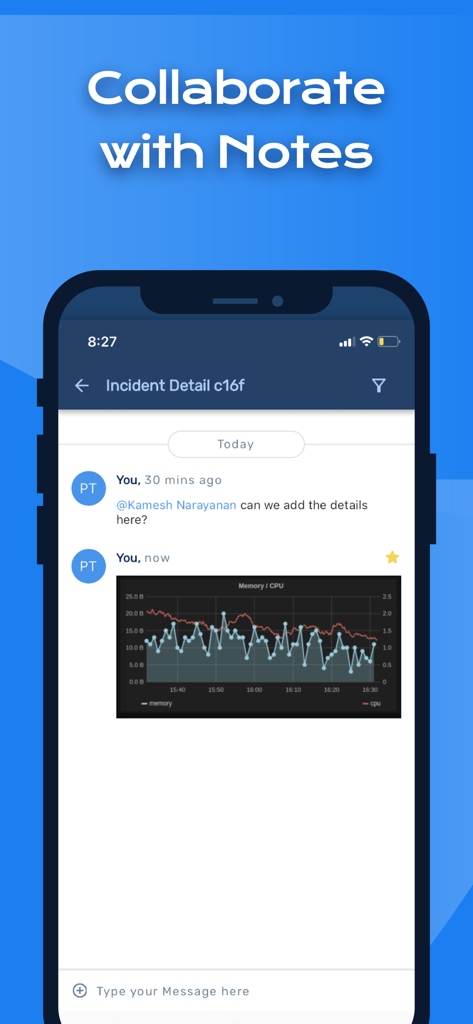Squadcast app interface showing team collaboration through incident notes and a performance graph